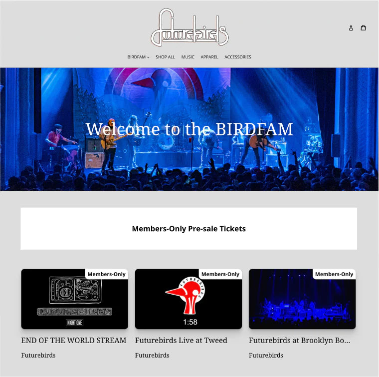 Birdfam screenshot: Homepage of the Futurebirds fan community showing exclusive content and mailing list signup.