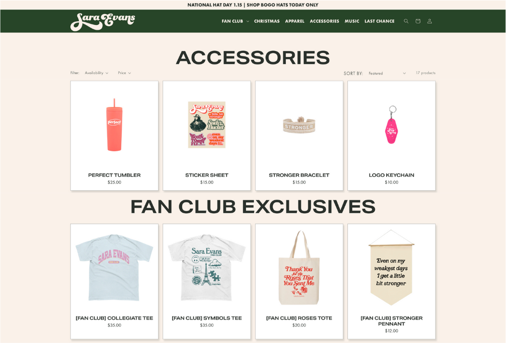 Sara Evans fan club on shopify with exclusive merch and content