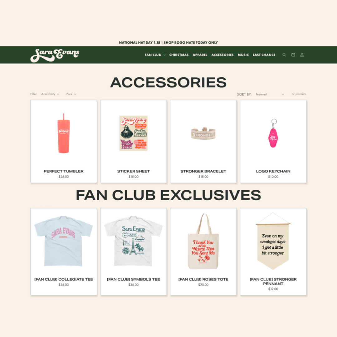 music merch strategy example highlighting sara evans with exclusive fan club merch