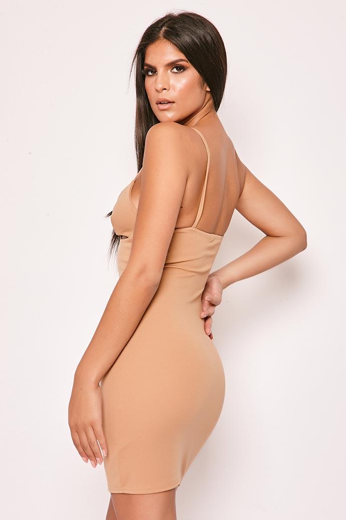 Rita - Tan Plunge Cut Out Bodycon Dress