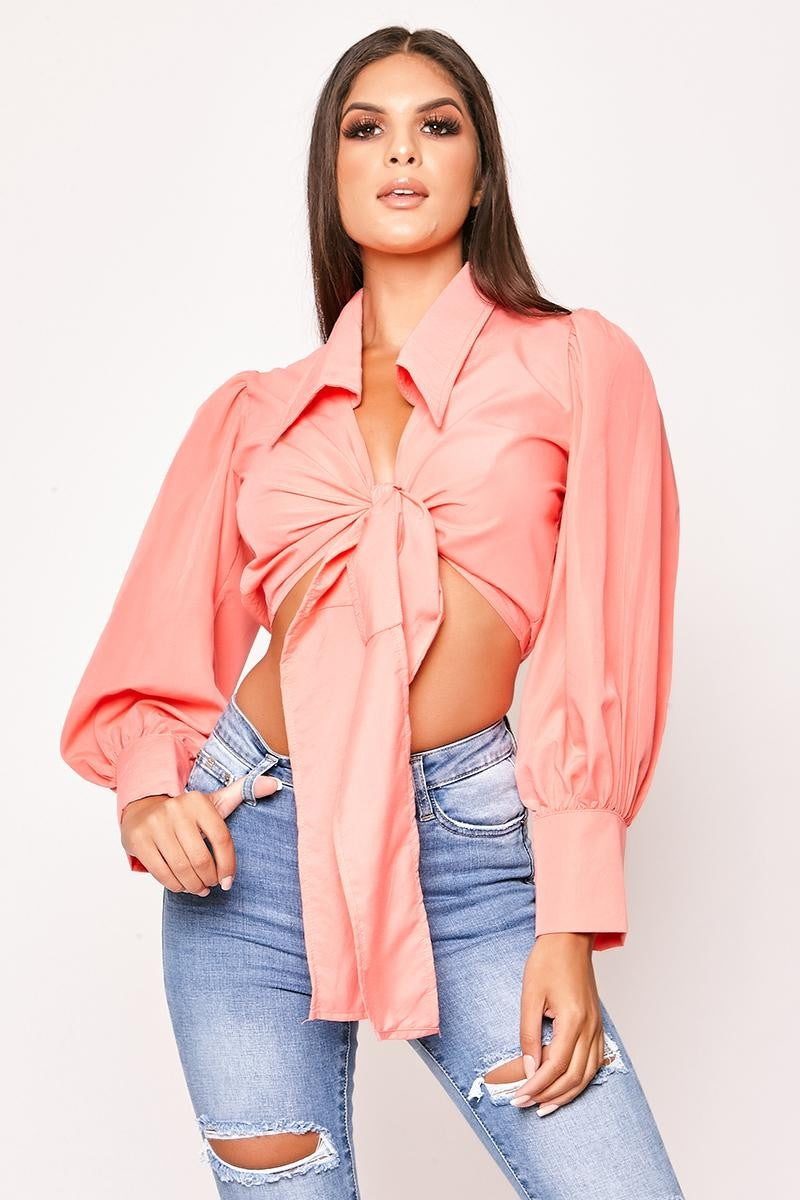 Islie - Pink Tie Front Cropped Shirt | Crop Tops | Miss G Couture
