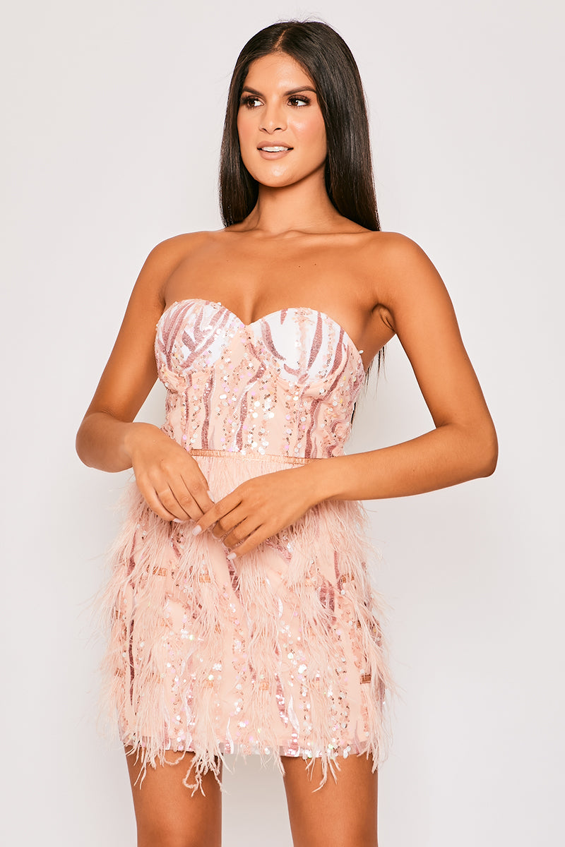 Rafa - Pink Bandeau Premium Feather Sequin Mini Dress