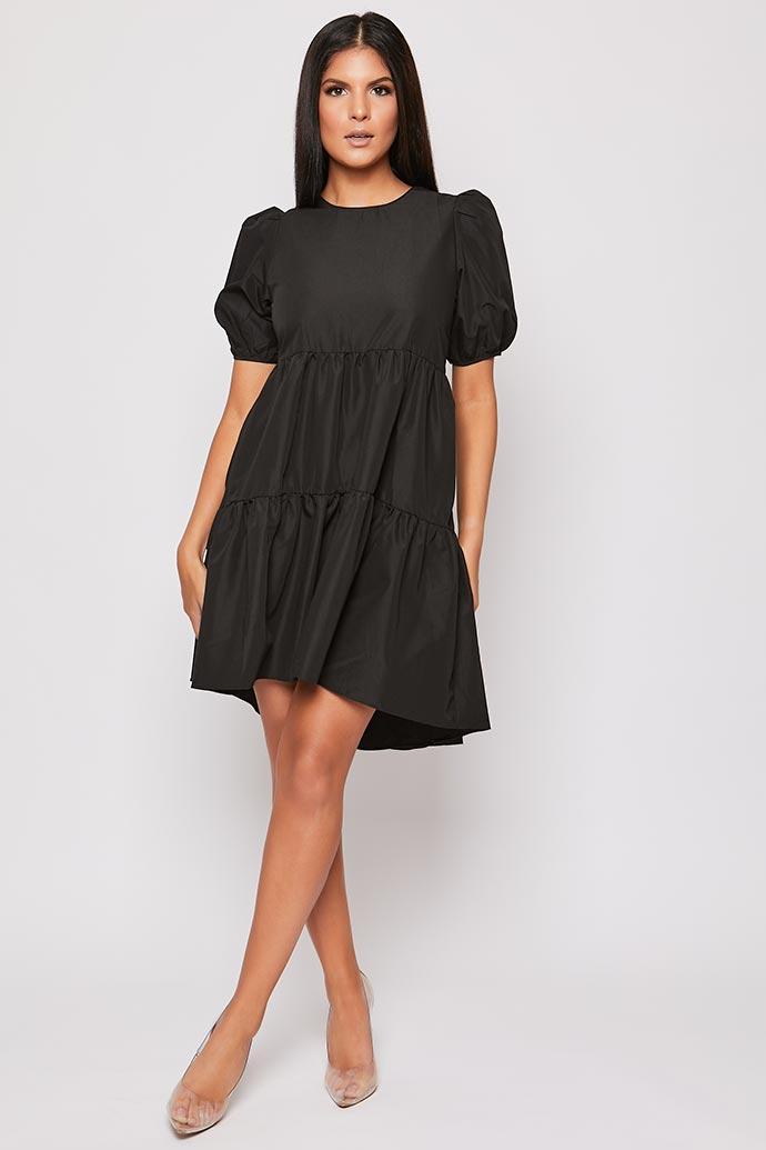 Mari - Black Tiered Short Sleeve Smock Dress | Day Dresses | Miss G Couture