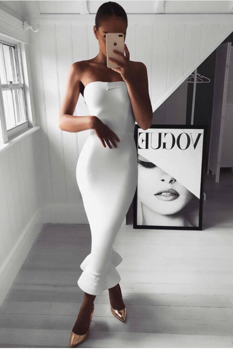 Pennie - White Strapless Fishtail Bandage Midi Dress