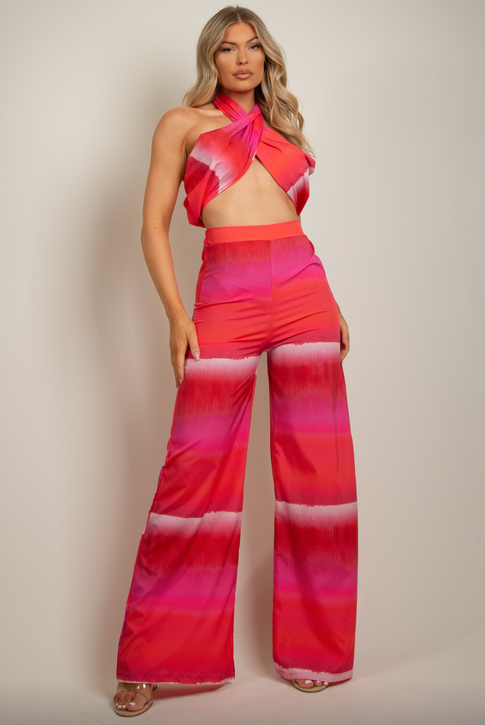 Soiree - Pink Tie Dye Halter Neck Crop Top & Wide Leg Trouser Set