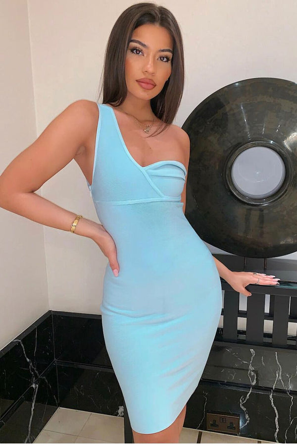 Sofie - Baby Blue One Shoulder Caped Bandage Dress – Miss G Couture