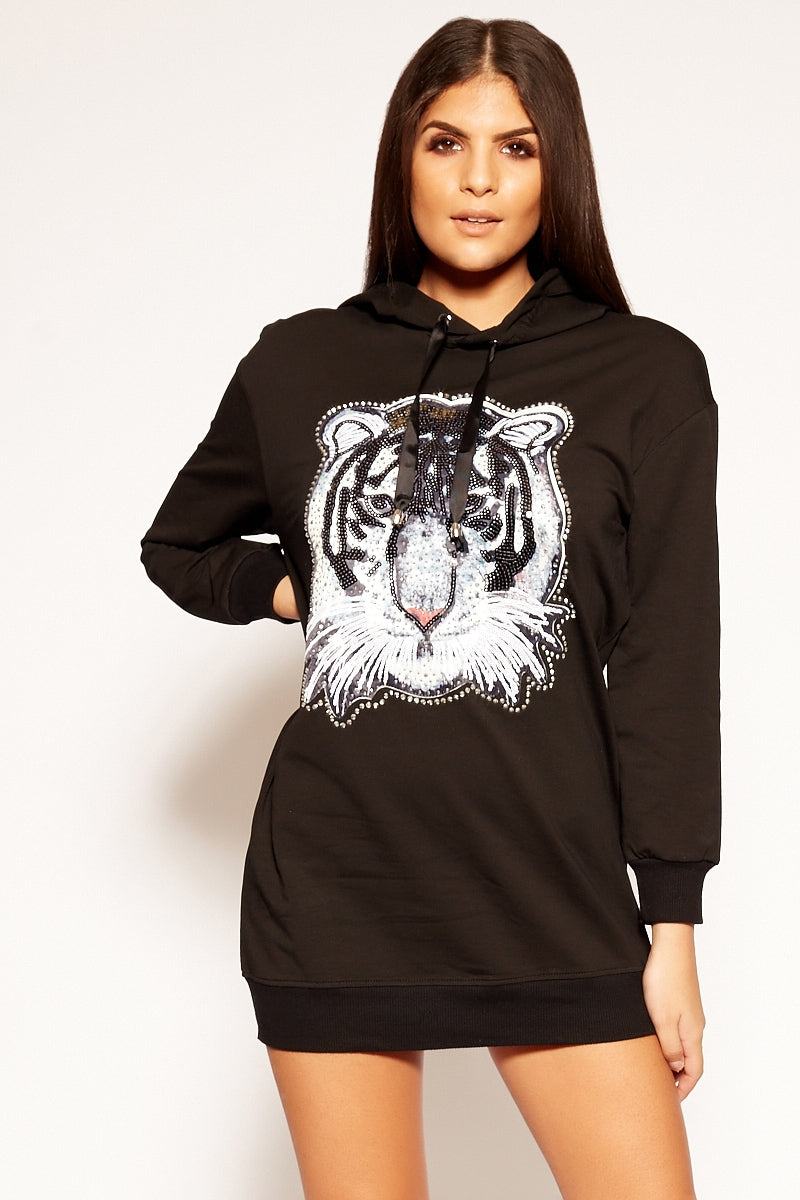 Clio - Black Sequin Tiger Hooded Jumper Dress