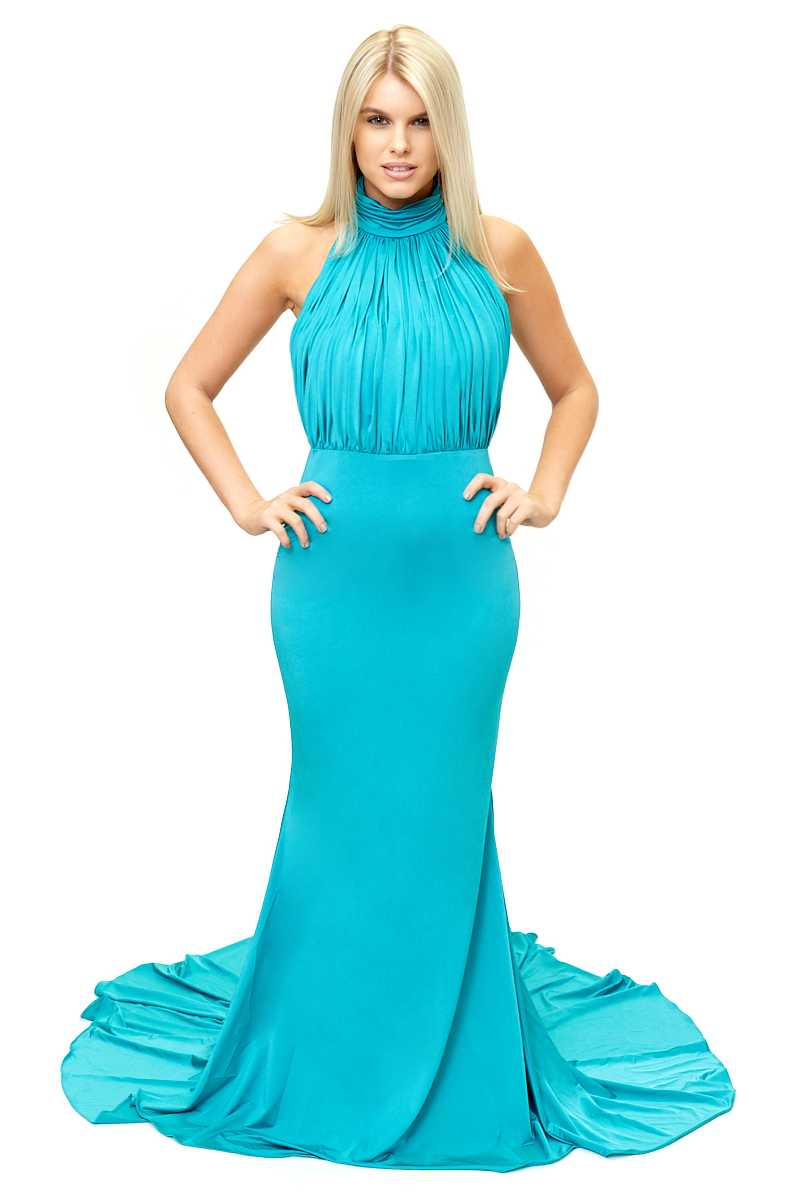 Natalia - Turquoise Halter-neck Fishtail Evening Gown