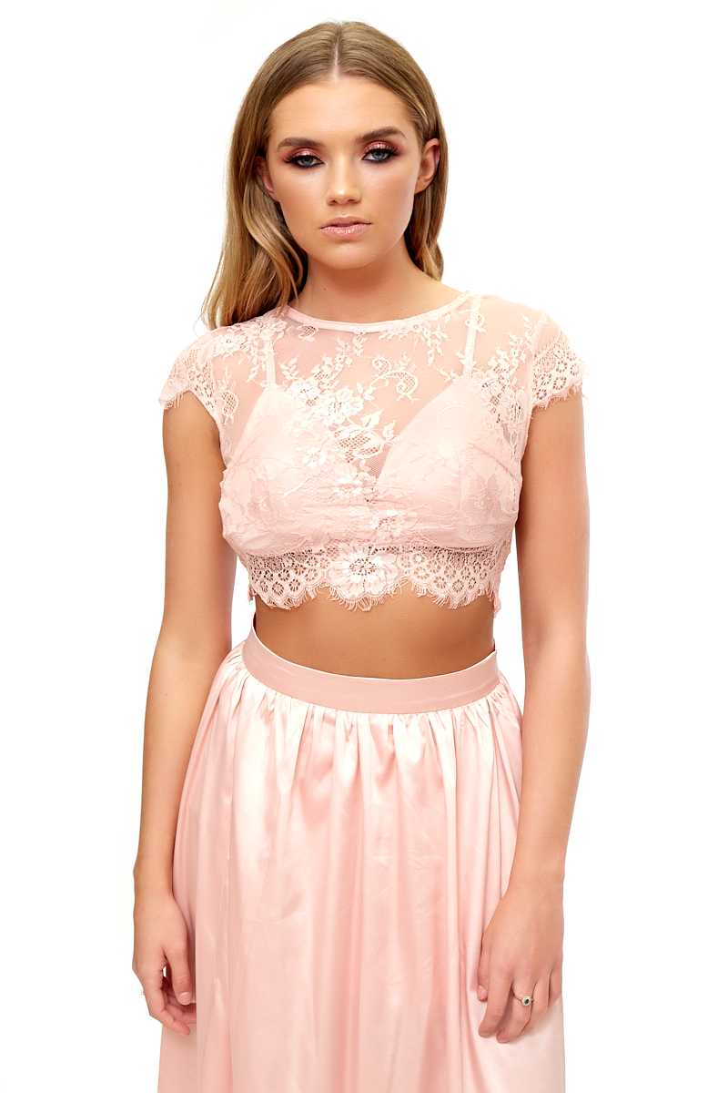 Camaria - Pink Short Sleeve Lace Bra Crop Top