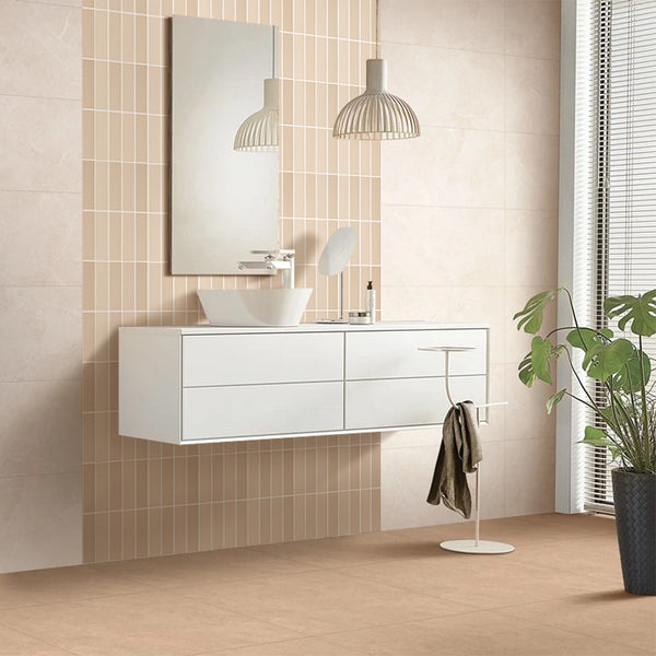 3D Beige gerades lineares Mosaik zum Abziehen und Aufkleben, temporäre Fliesenrückwand für Badezimmer-Wanddekoration