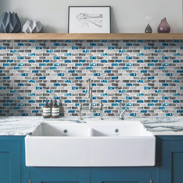 Blue and Gray Mosaic Peel and Stick Backsplash Tile