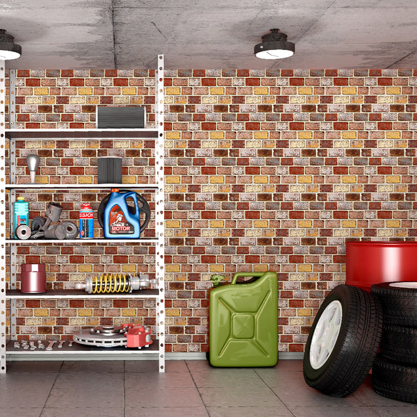 3D-Wandpaneele aus orangefarbenem Rost und hellbraunem Ziegelstein zum Abziehen und Aufkleben für die Wanddekoration in der Garage