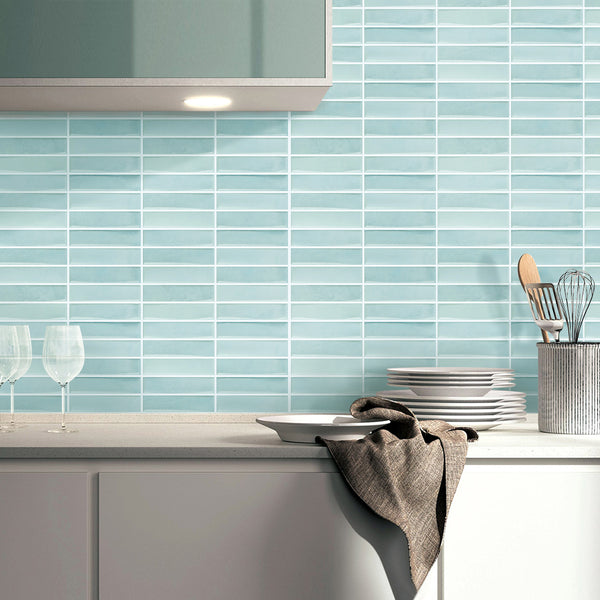 3D Light Blue Straight Linear Mosaic Peel and Stick Tile over Tile for Kitchen Wall Decor