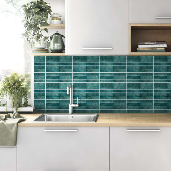 3D Blue Straight Linear Mosaic Peel and Stick Wall Tile