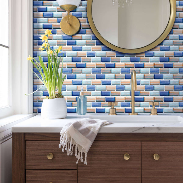 Blaue und gelbe 3D-Mosaik-Wandfliese zum Abziehen und Aufkleben für Duschrückwände