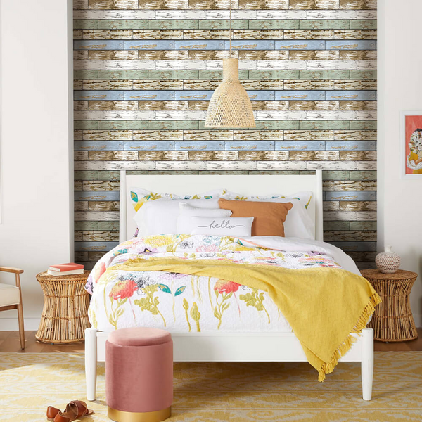 Blaugrüne horizontale 3D-Wandpaneele aus Holzbrettern für die Wanddekoration im Schlafzimmer