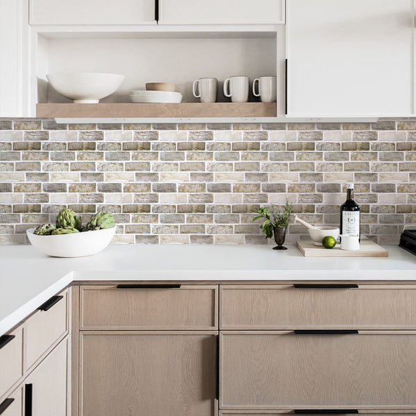 3D-Backsplash aus braun-grauem Ziegelstein zum Abziehen und Aufkleben für die Wanddekoration in der Küche