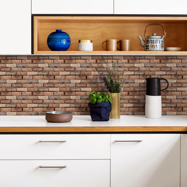 3D-Backsplash aus dunkelbraunem Ziegelstein zum Abziehen und Aufkleben für die Wanddekoration in der Küche