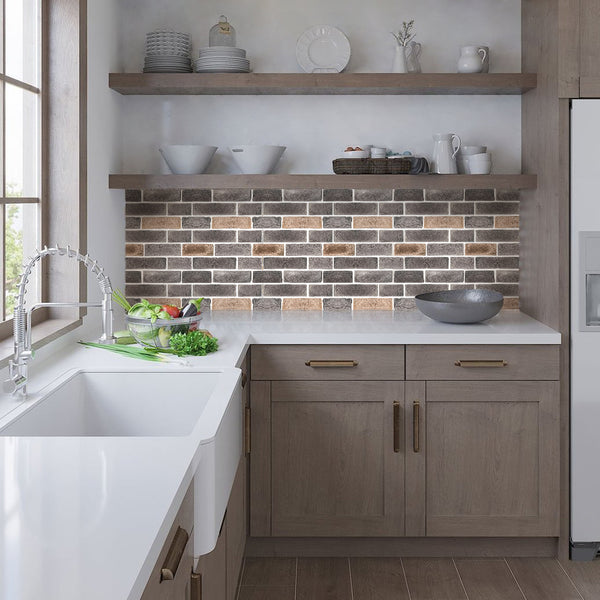 3D-Backsplash aus grauem Ziegelstein zum Abziehen und Aufkleben für die Wanddekoration in der Küche