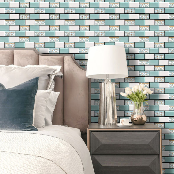 3D Green and White Mosaic Peel and Stick Accent Wall Tile