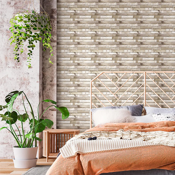 Hellbraune 3D-Kunststoff-Wandpaneele aus Shiplap-Holz für die Wanddekoration im Schlafzimmer