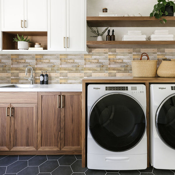 3D Narrow Striped Wood Peel and Stick Wall Tile for laundry room