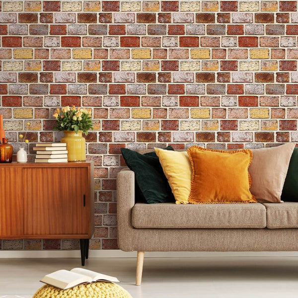 3D Orange and Tan Brick Wall Panels for Living Room Wall Decor, Just Peel and Stick