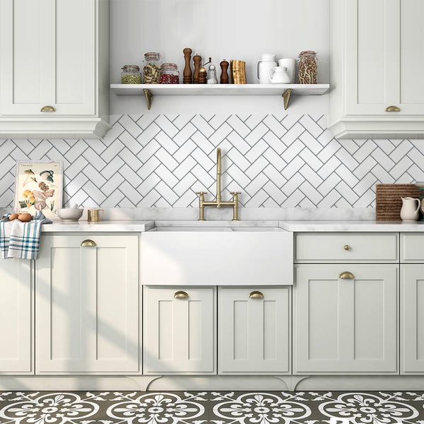 White Herringbone Peel and Stick Backsplash Tile