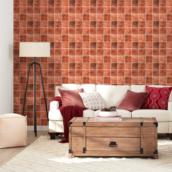3D-PVC-Wandpaneel zum Abziehen und Aufkleben mit rotem Ton-Design über Fliesen für die Wanddekoration im Wohnzimmer