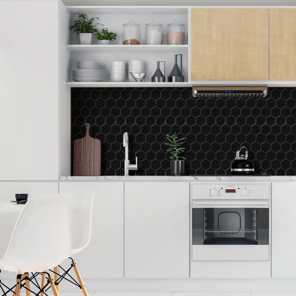 Schwarze sechseckige Backsplash-Fliese zum Abziehen und Aufkleben