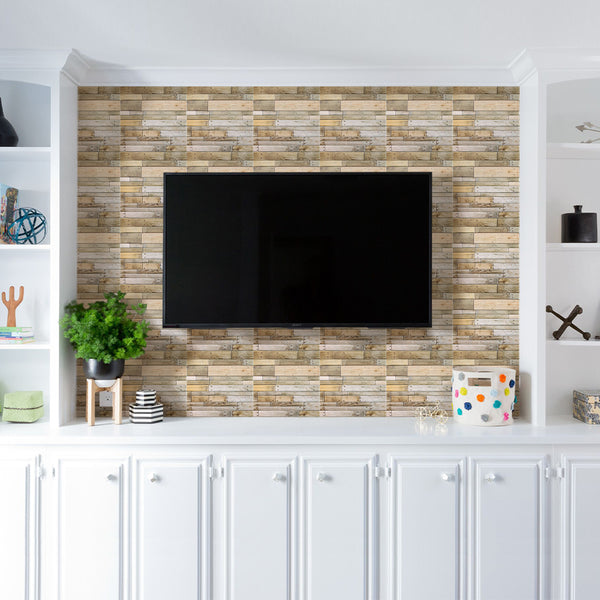 Azulejo de pared de madera con rayas estrechas 3D Peel and Stick para ideas de pared de TV