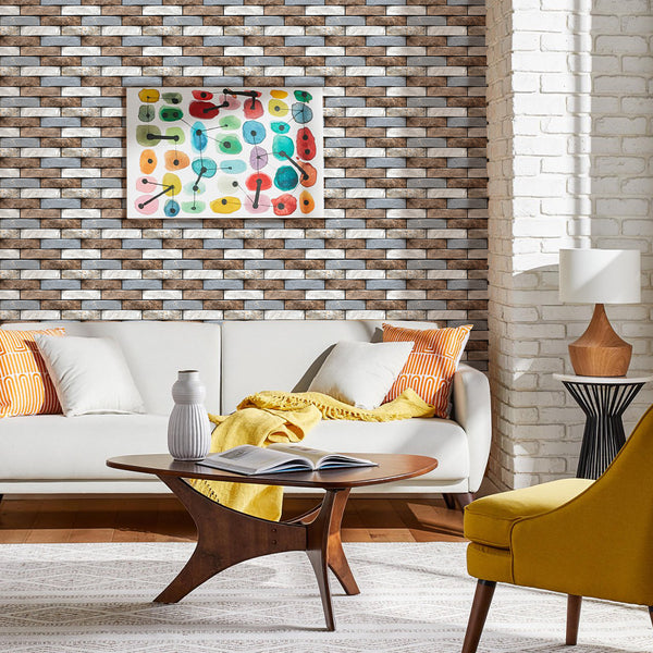 3D-Wandfliese aus braunem und weißem Stein zum Abziehen und Aufkleben für die Wanddekoration im Wohnzimmer