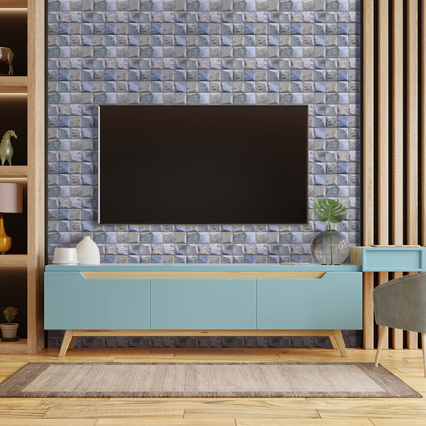 3D Blue and Gray Square Stone Peel and Stick Wall Tile for TV Wall Ideas