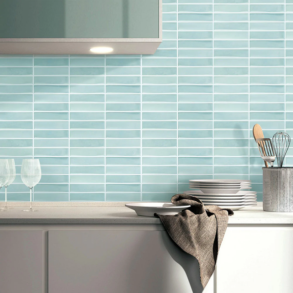 Mosaico lineal recto azul claro 3D Peel and Stick Placa para salpicaduras de azulejo temporal para la decoración de la pared de la cocina