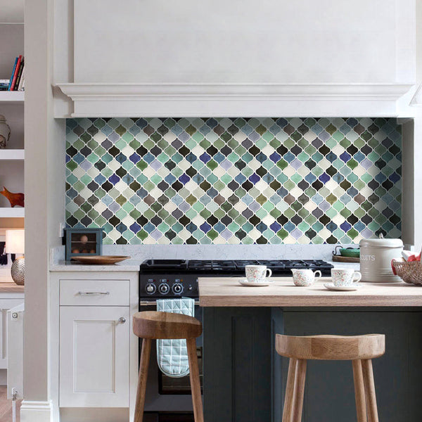 Green and Blue Rhombus Peel and Stick Vinyl Backsplash Tile for Kitchen Wall Decor