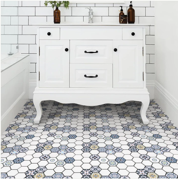 Blue and White Vintage Hexagon Floor Stickers For Bathroom
