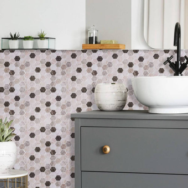 Brown and Pink Hexagon Marble Peel and Stick Backsplash