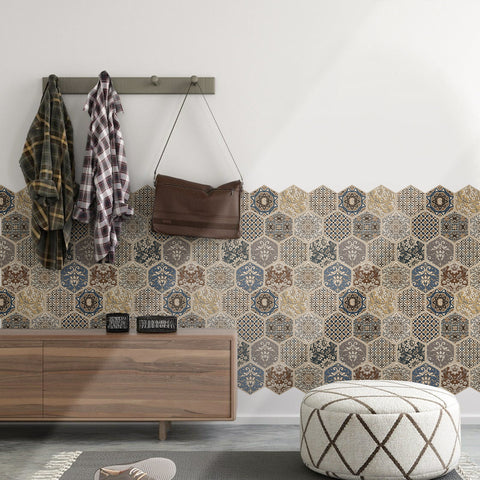 COMMOMY-3D BROWN TONE HEXAGON PEEL AND STICK WALL TILE