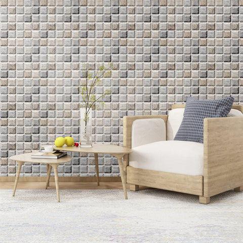 COMMOMY-3D GRAY MOSAIC STONE PEEL AND STICK WALL TILE0