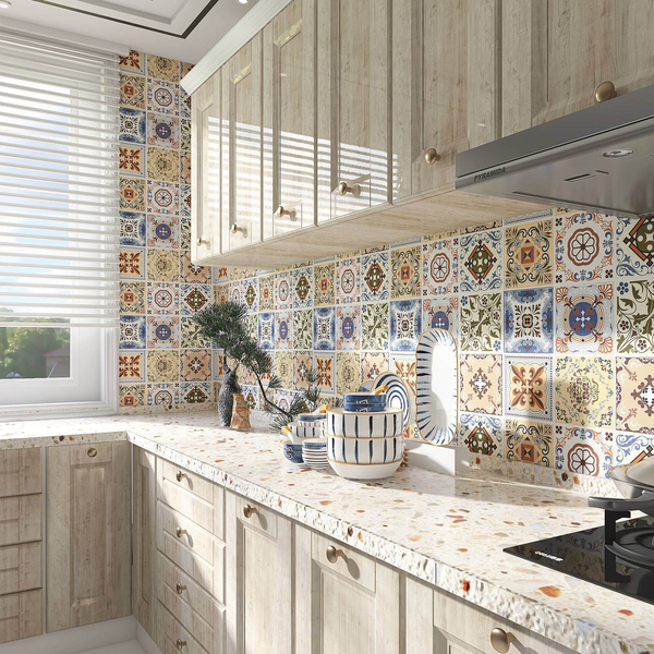 Coffee and Blue Square Spanish Peel and Stick Backsplash Tile