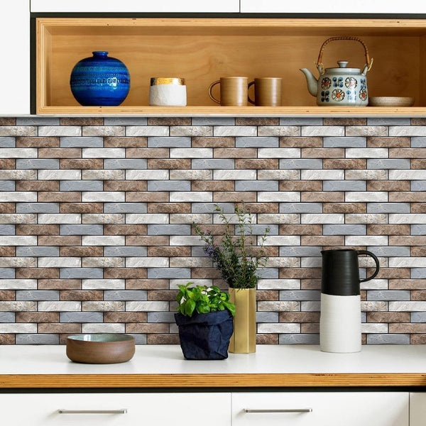 3D-Backsplash-Fliesen aus braunem Stein zum Abziehen und Aufkleben für die Wanddekoration in der Küche