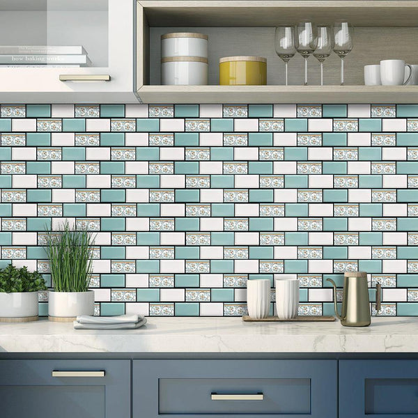 3D Green and White Mosaic Brick Peel and Stick Wall Tile