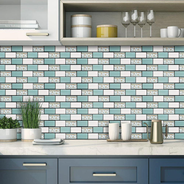 3D Green and White Mosaic Peel and Stick Brick backsplash Tiles for Kitchen Wall Decor