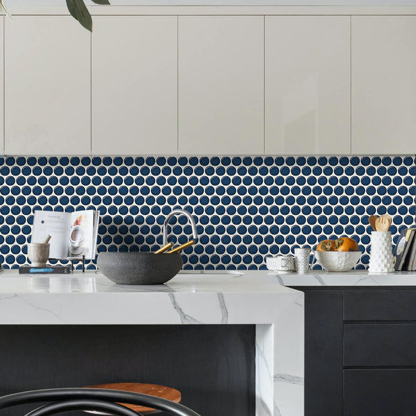 Dark Blue Penny Backsplash Peel and Stick Tile