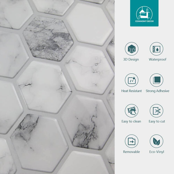 Gray Hexagon Marble Peel and Stick Backsplash Tile