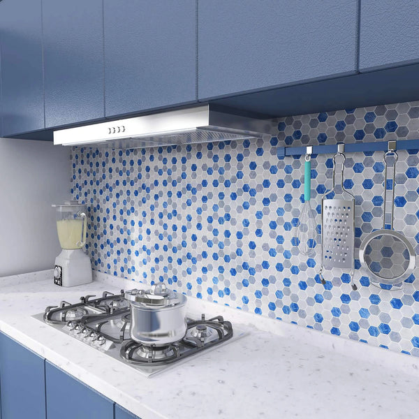 Backsplash-Fliese aus blauem, sechseckigem Marmor zum Abziehen und Aufkleben