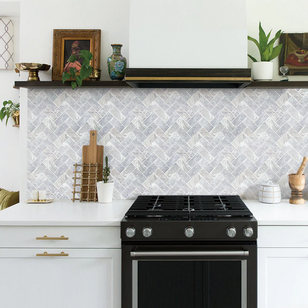 Thicker Gray Marble Herringbon Heat Resistant Peel and Stick Backsplash Tile Behind Stove