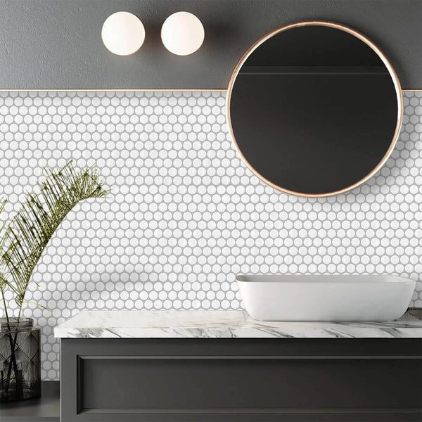 White Penny Round Peel and Stick Backsplash Tile