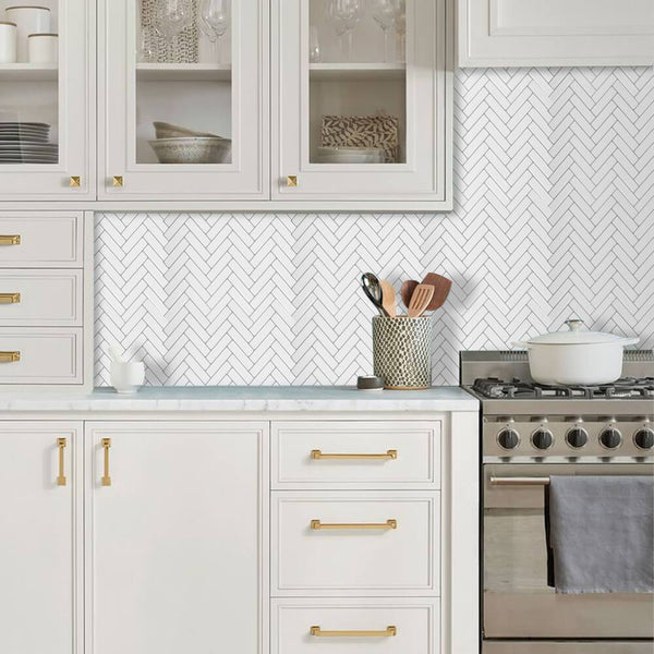 White Thicker Herringbone Peel and Stick Backsplash Tile