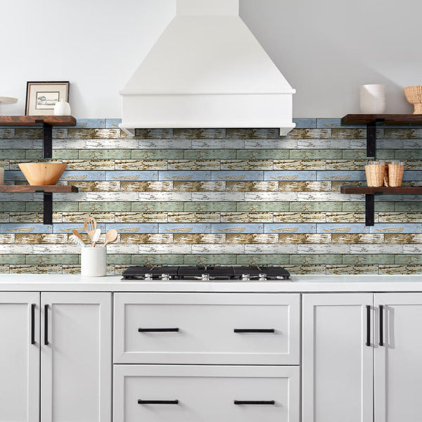 Temporäre 3D-Fliesenrückwand aus Holz zum Abziehen und Aufkleben in Blau und Grün für die Wanddekoration in der Küche